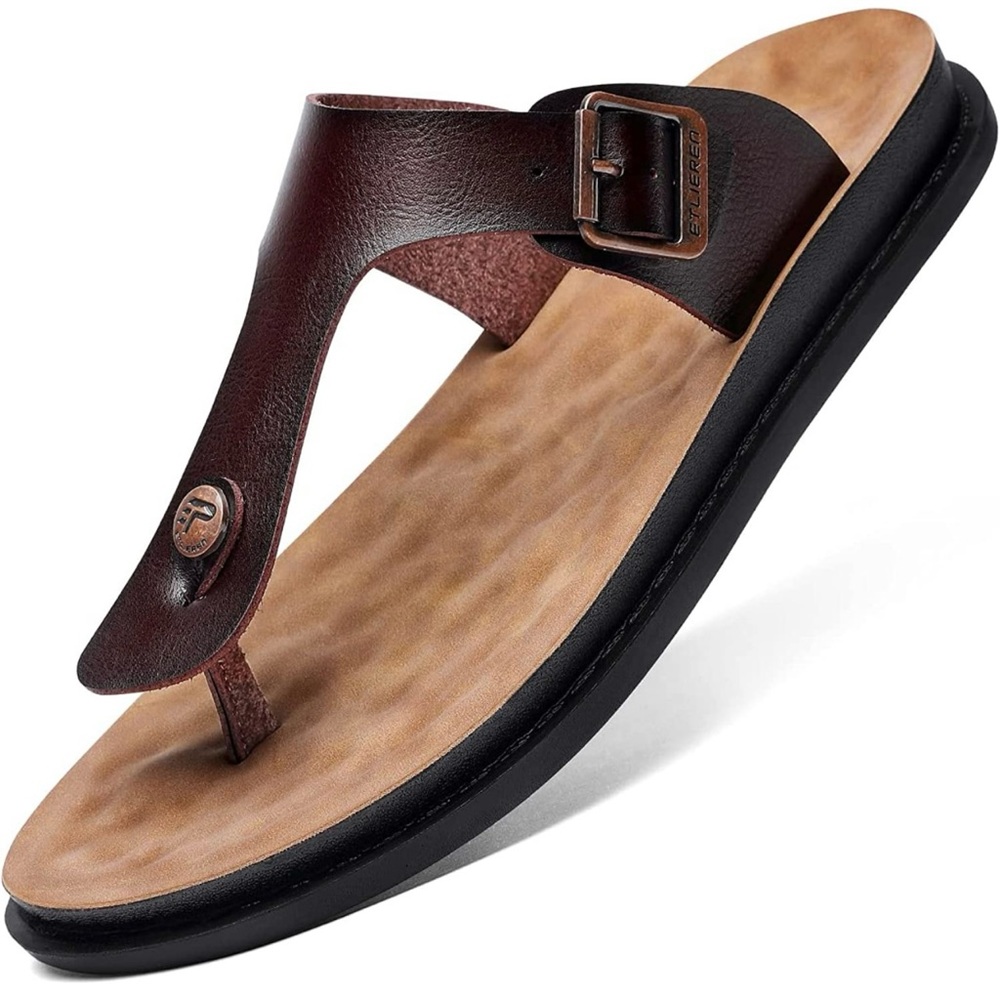 ETLieren Men's Flip-Flops Sandals Size 6 EU-38 Leather Thong Comfort Dark Brown
